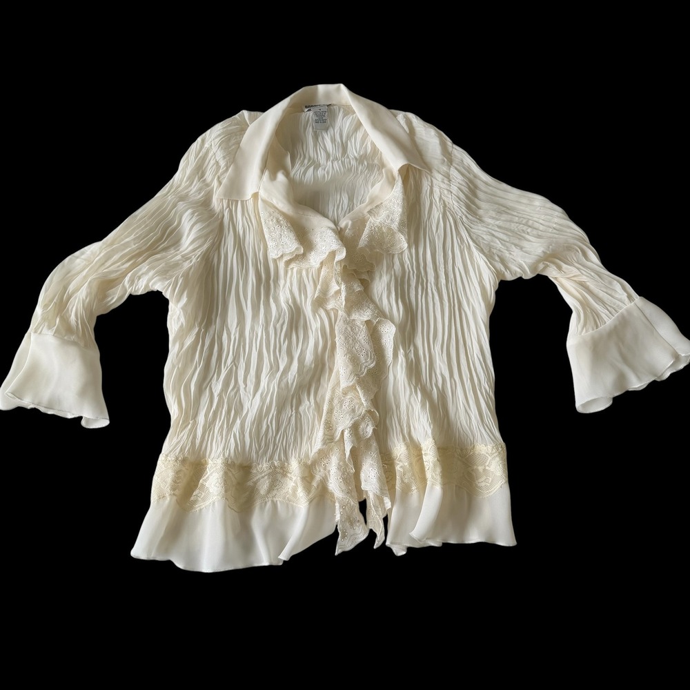 70's Robbie Bee Woman Cream Crinkle Blouse Eyelet Lace Ruffle Bell Sleeve Top 1X